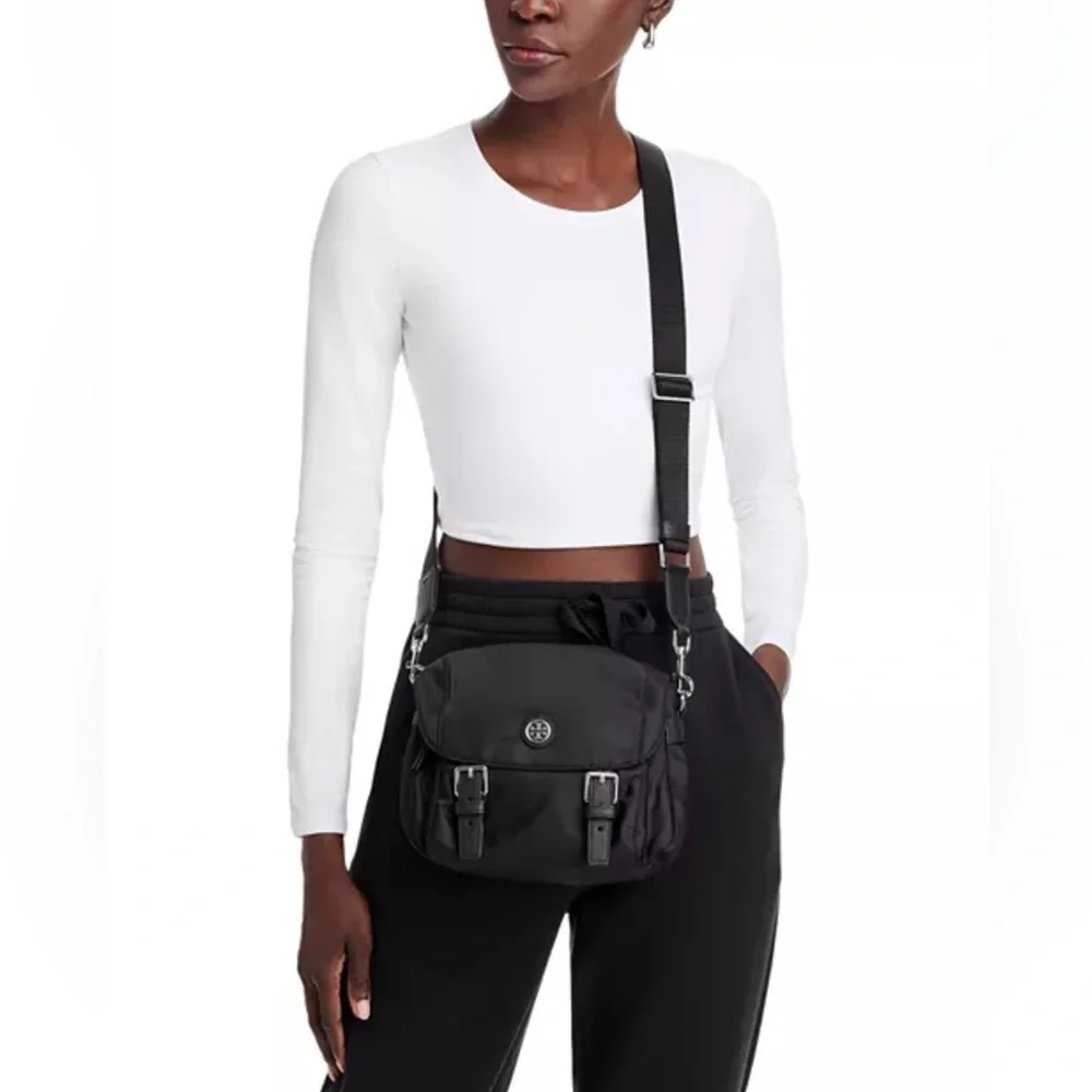 Tory Burch Black Nylon Crossbody Bag with Silver Hardware